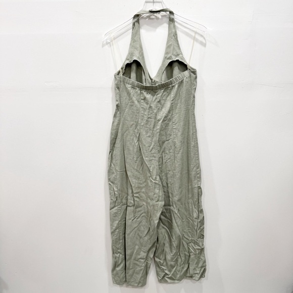 Gypsies & Moondust Halter Linen Blend Jumpsuit Button Front Wide Leg Sage Green - Picture 2 of 9
